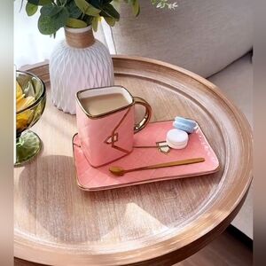 NIB 🔥3 pcs Pink Ceramic Mug Bag + Long Gold Color Spoon & Pink Tray  Gifts Set